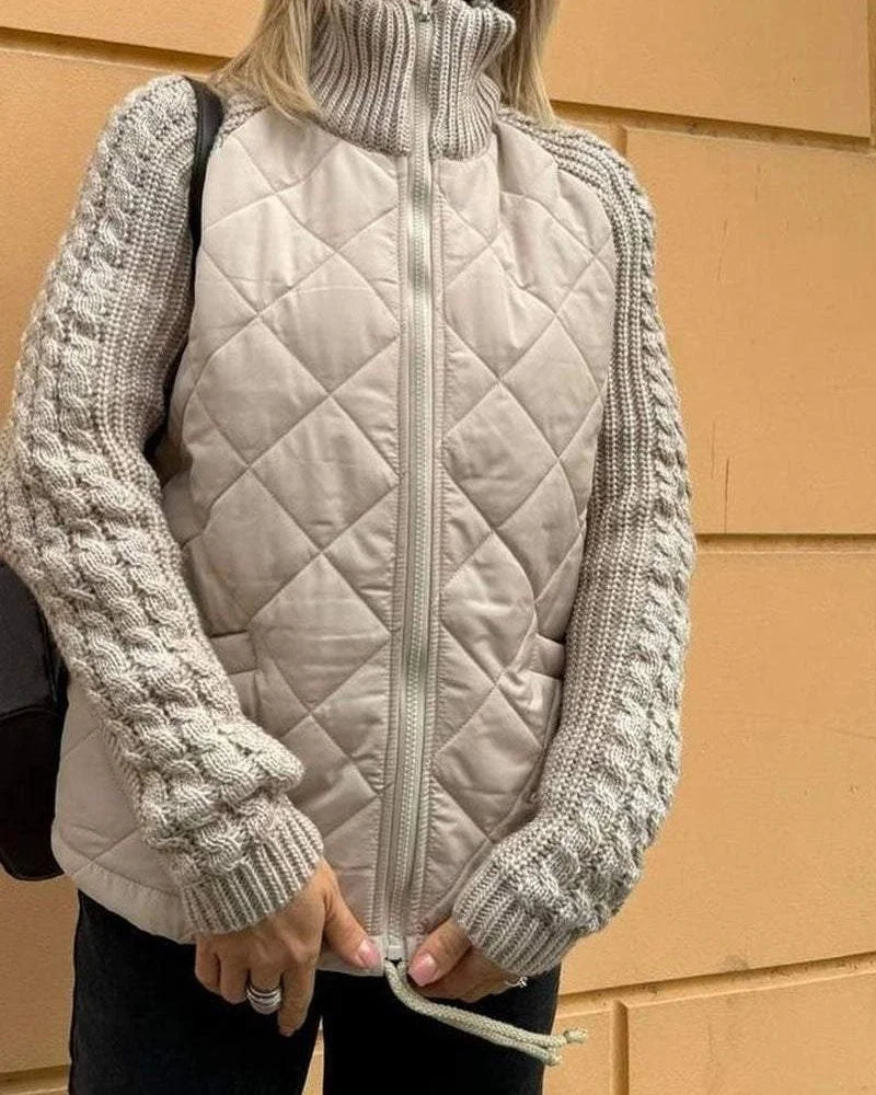 Women's zip-up stand collar quilted jacket with cable knit sleeves