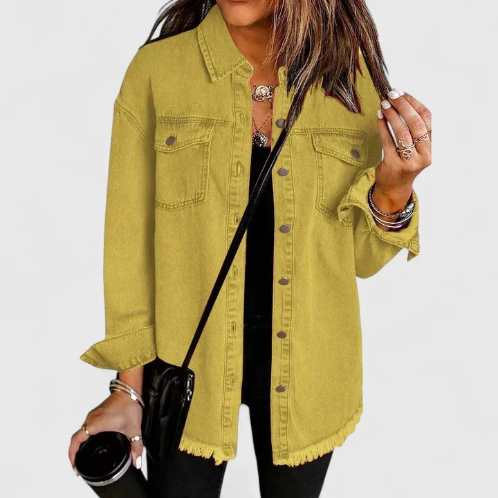 Women's button-front collared denim jacket with frayed hem