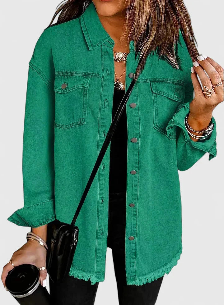 Women's button-front collared denim jacket with frayed hem