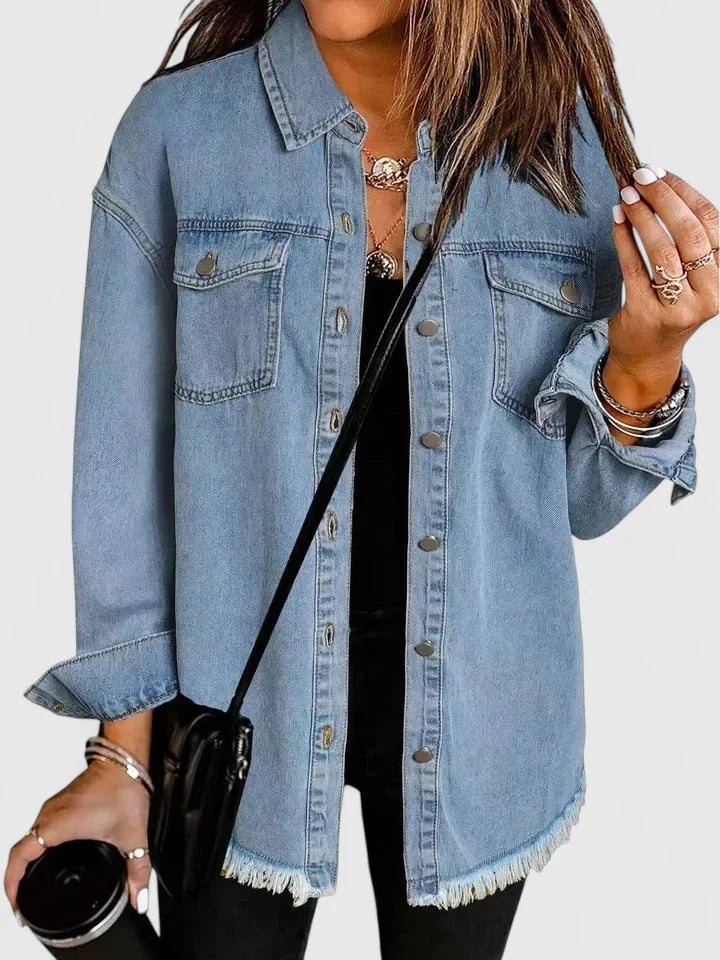 Women's button-front collared denim jacket with frayed hem