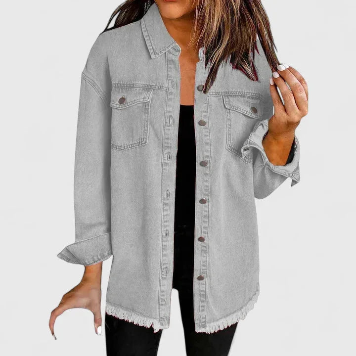 Women's button-front collared denim jacket with frayed hem