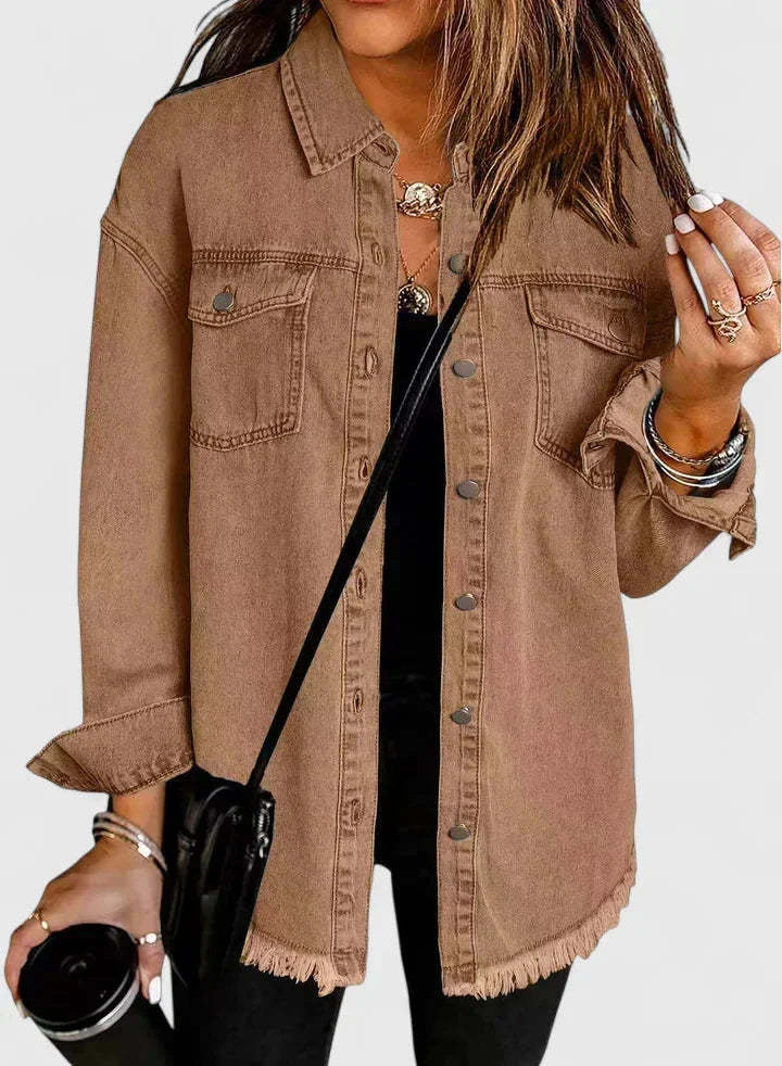 Women's button-front collared denim jacket with frayed hem