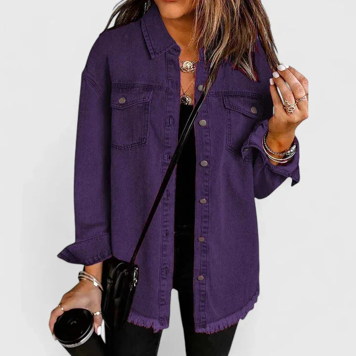 Women's button-front collared denim jacket with frayed hem