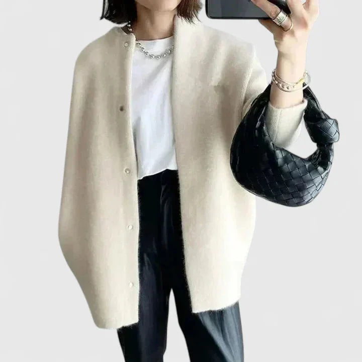 Women's knit button-front cardigan with fuzzy texture