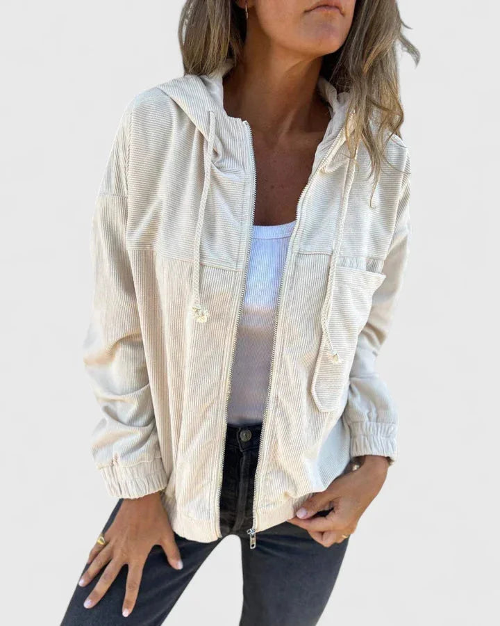 Women's corduroy zip-up hooded jacket with front patch pockets