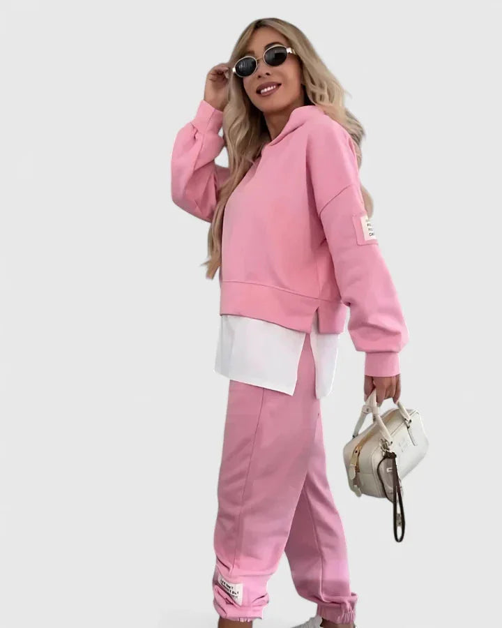 Women's fleece hooded two piece set with layered hem