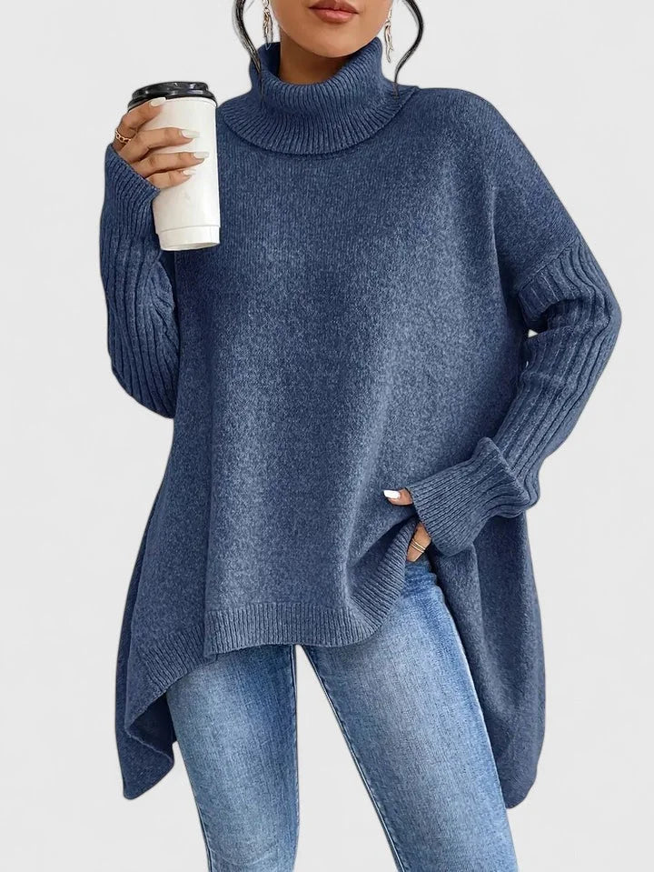 Women's knit roll neck sweater with high-low hem
