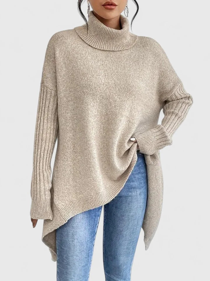 Women's knit roll neck sweater with high-low hem