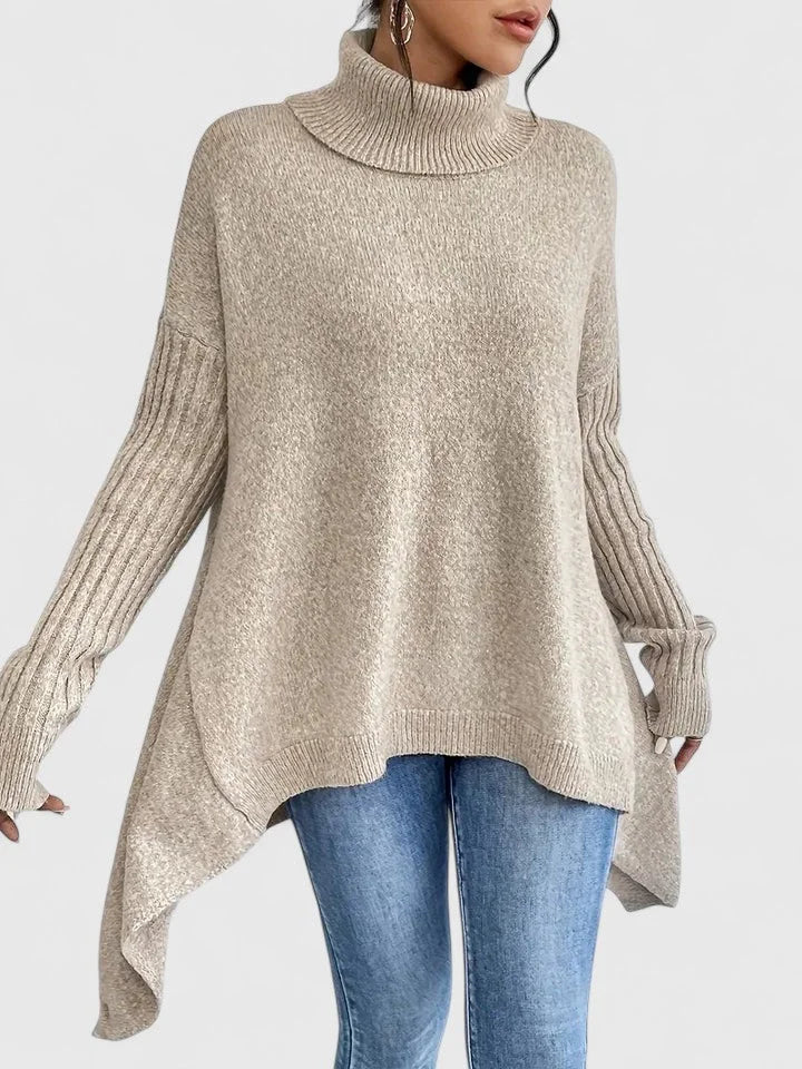 Women's knit roll neck sweater with high-low hem