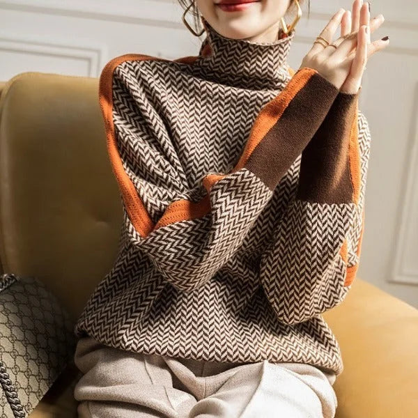Women's herringbone knit roll neck sweater with sleeve stripes