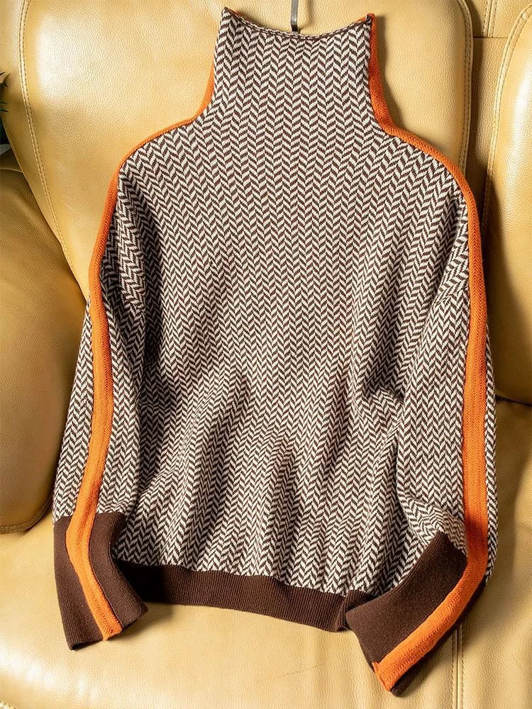 Women's herringbone knit roll neck sweater with sleeve stripes