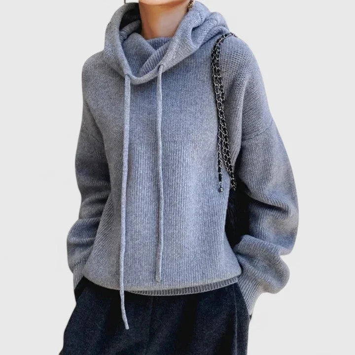 Women's knit sweater with drawstring cowl neck