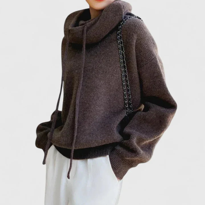 Women's knit sweater with drawstring cowl neck