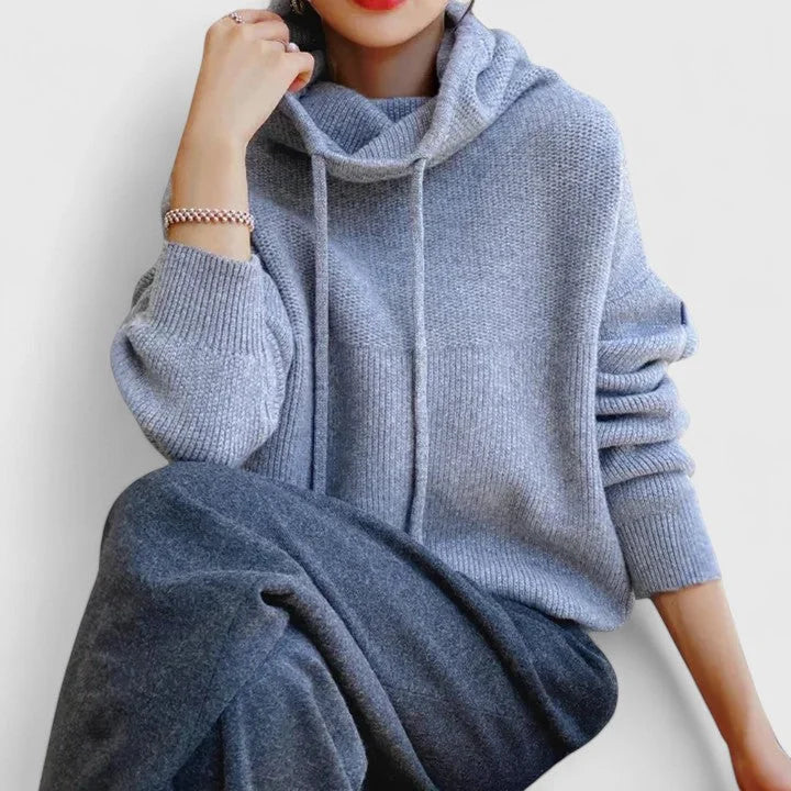 Women's knit sweater with drawstring cowl neck