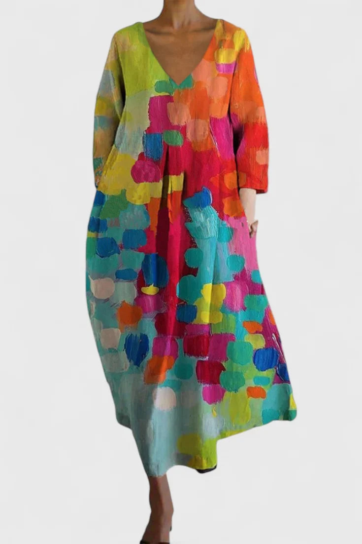 Women's v-neck maxi dress with abstract colorful pattern