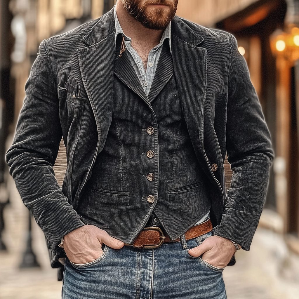 Corduroy Notch Lapel Blazer with Matching Vest for Men