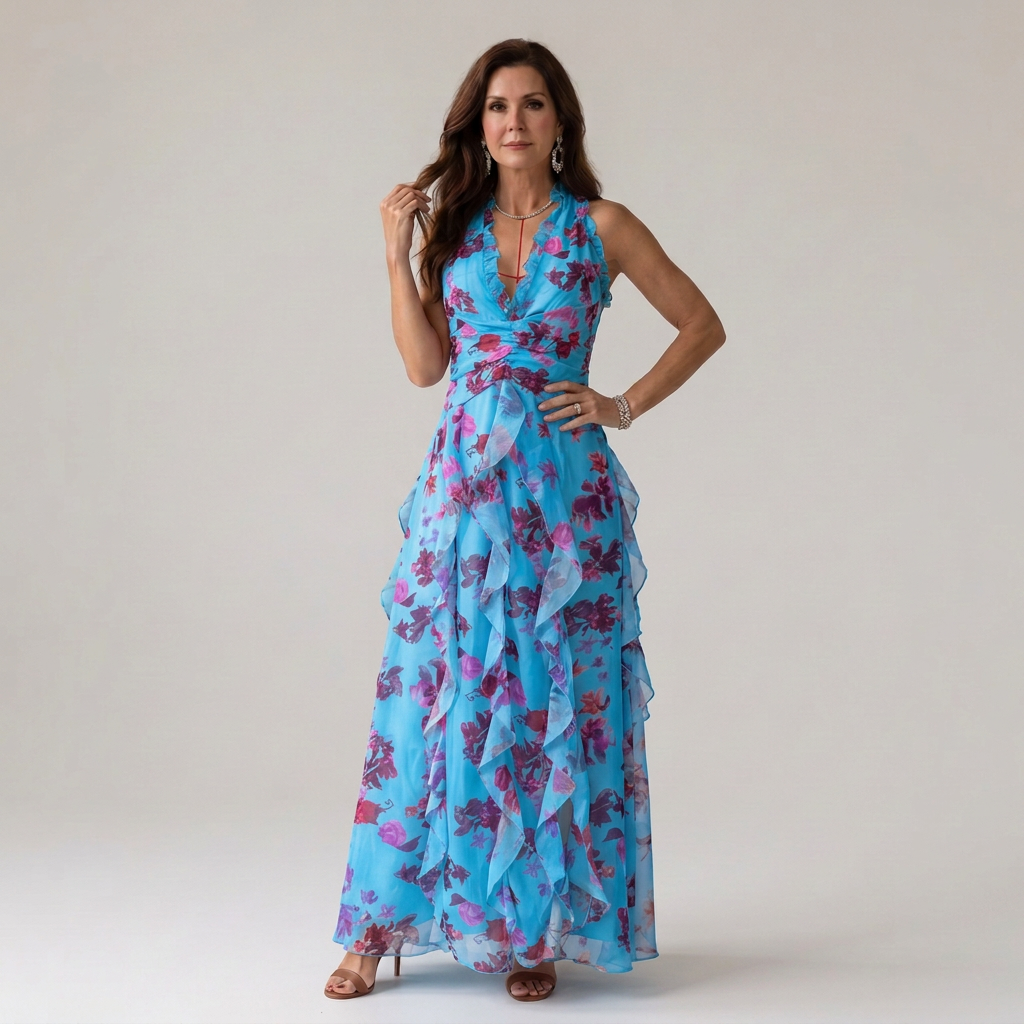 Nori | Halter Neck Ruched Bodice Floral Maxi Dress