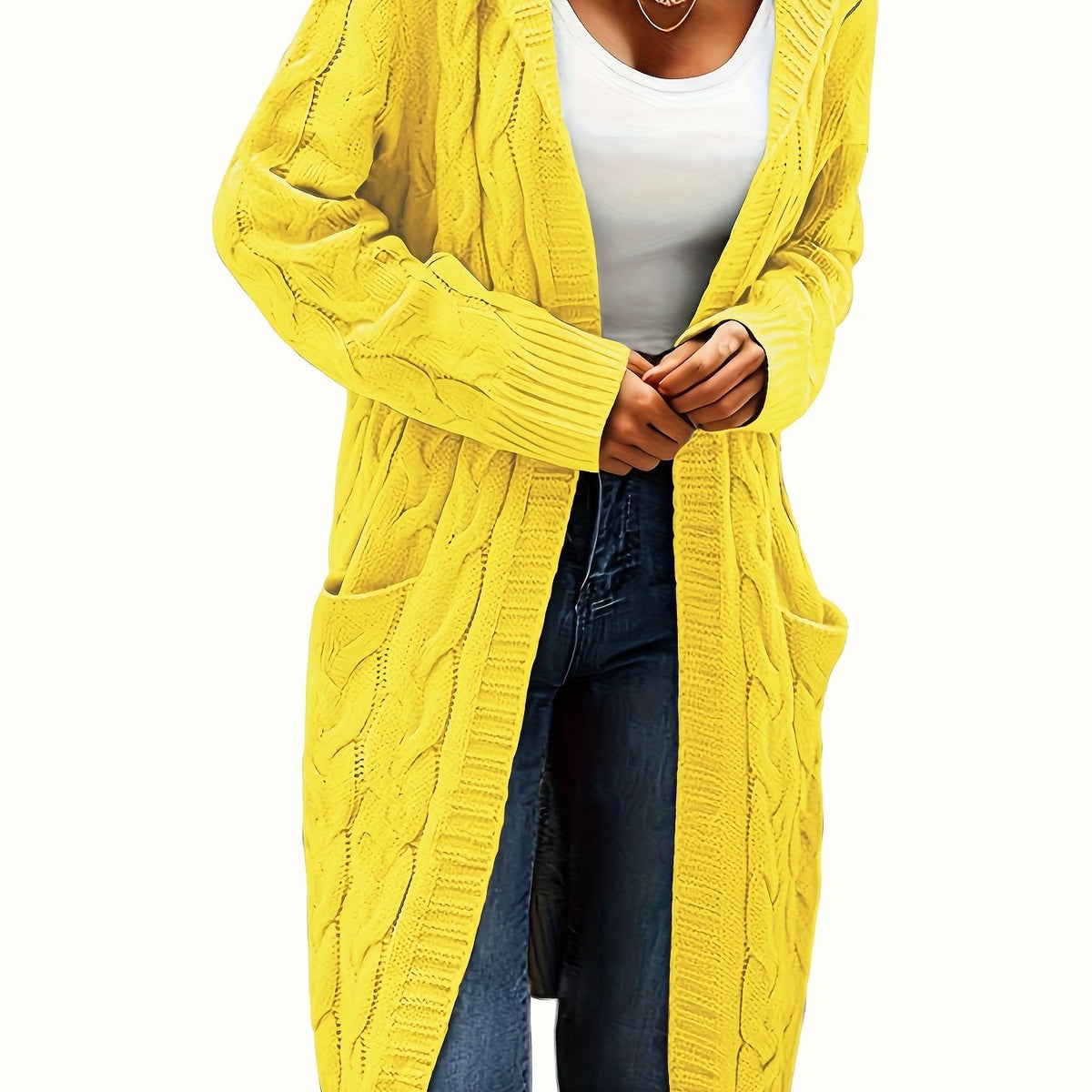 Women's Long Cable Knit Cardigan, Open Front, Long Sleeves