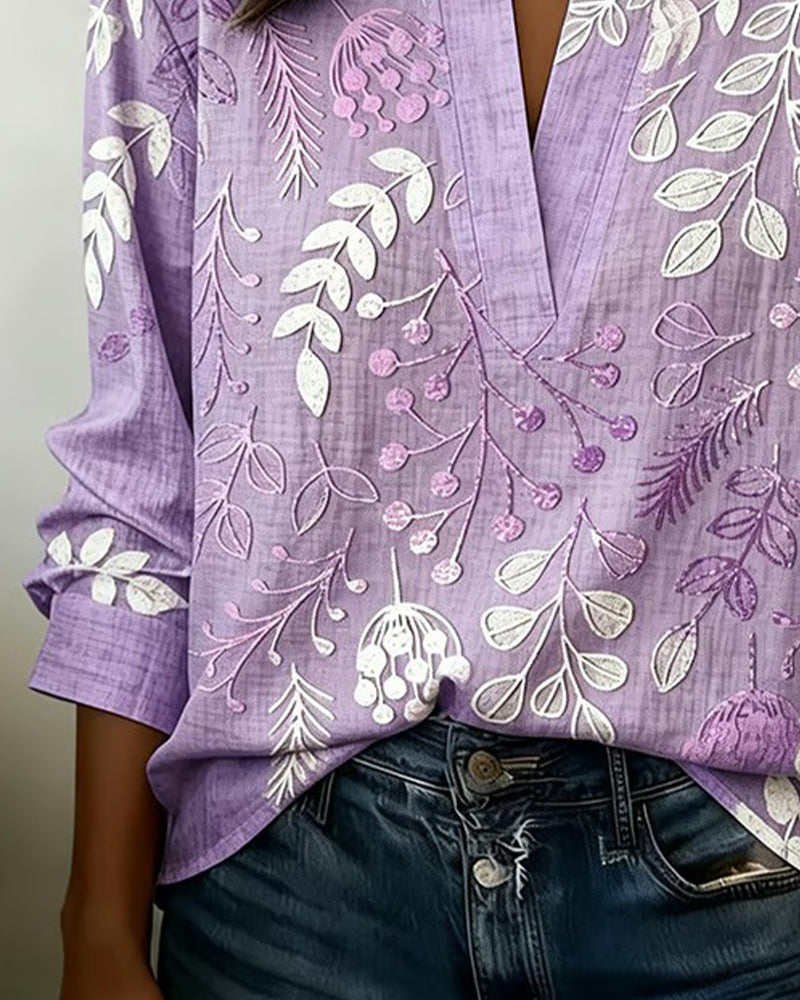 Women's Botanical Print Blouse, Notched Collar, 3/4 Sleeves