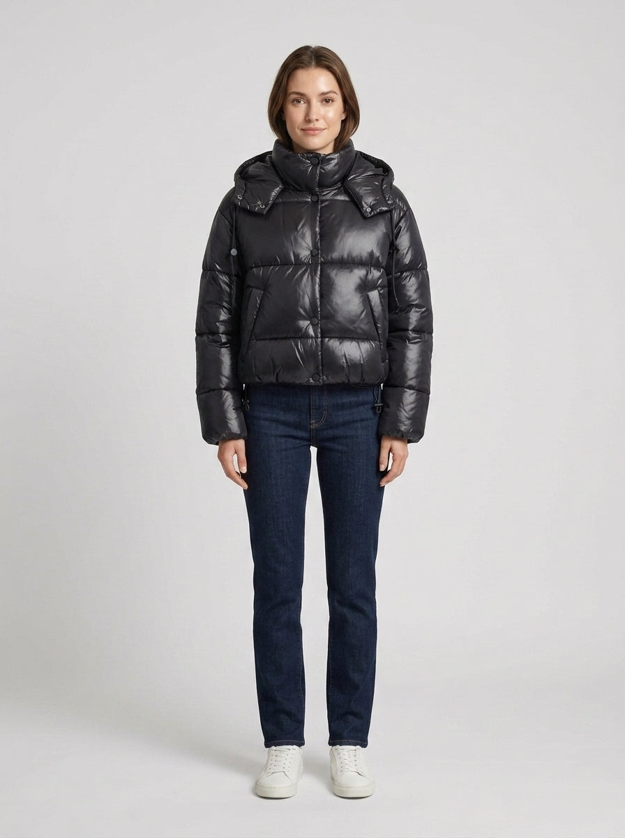 Women's Cropped Quilted Puffer Jacket, High Collar, Long Sleeves