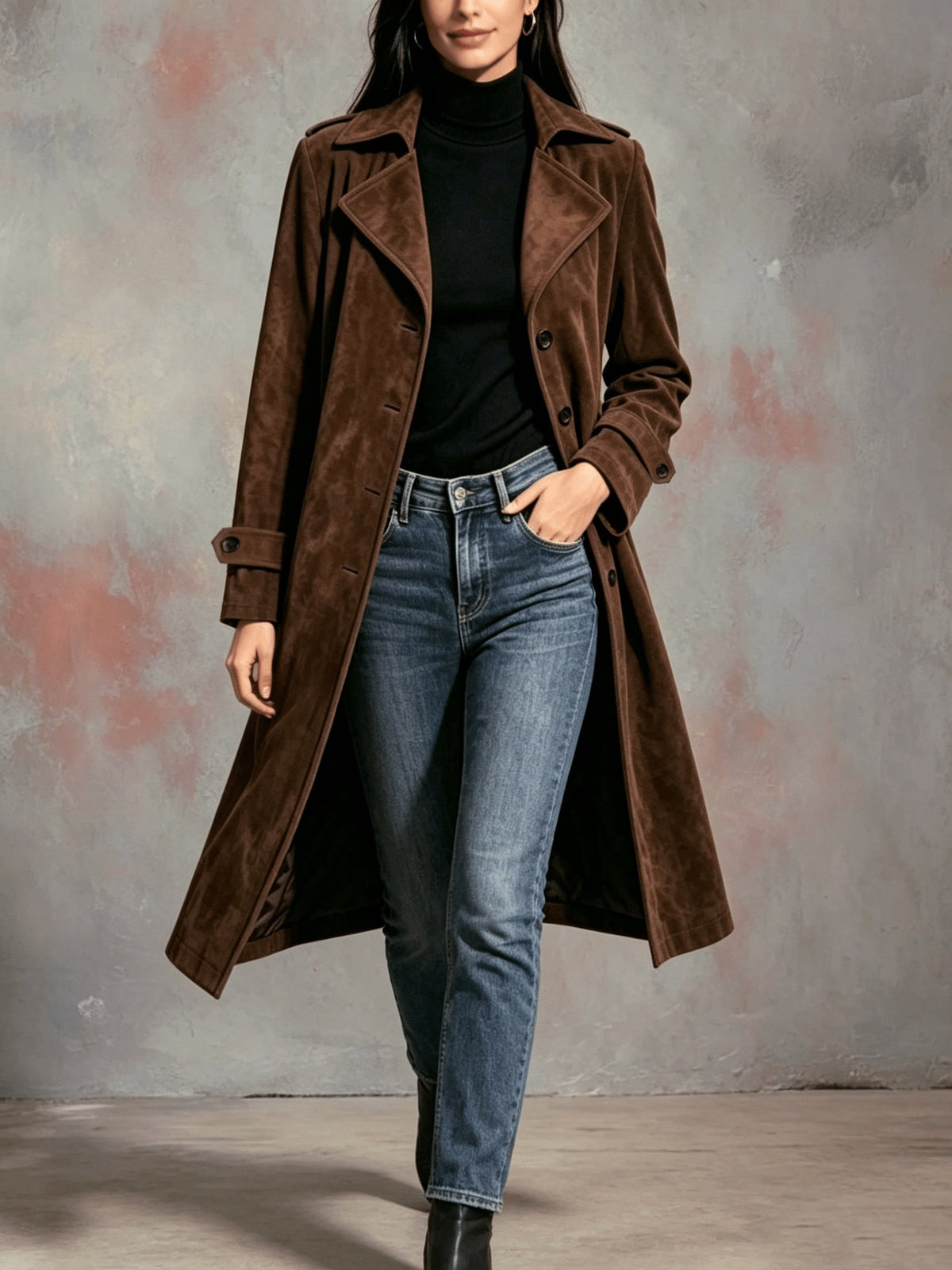 Women's Longline Button-Front Coat with Wide Lapel