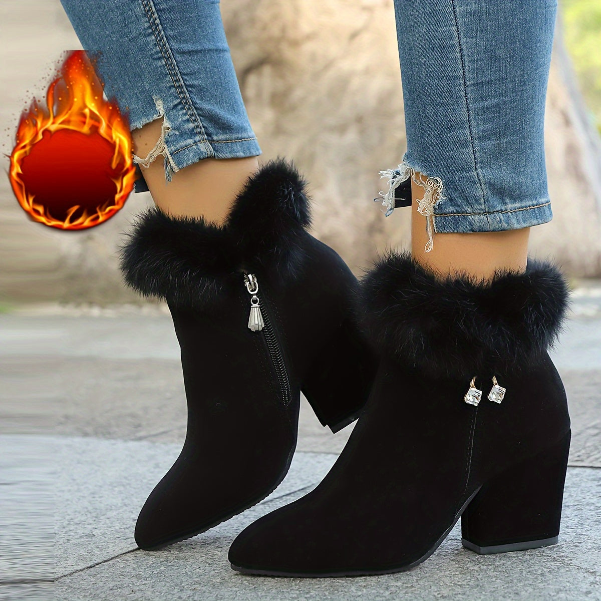 Women's Faux Fur Trim Ankle Boots with Block Heel