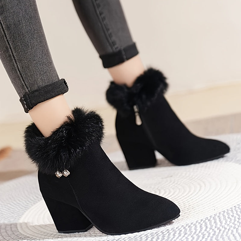 Women's Faux Fur Trim Ankle Boots with Block Heel