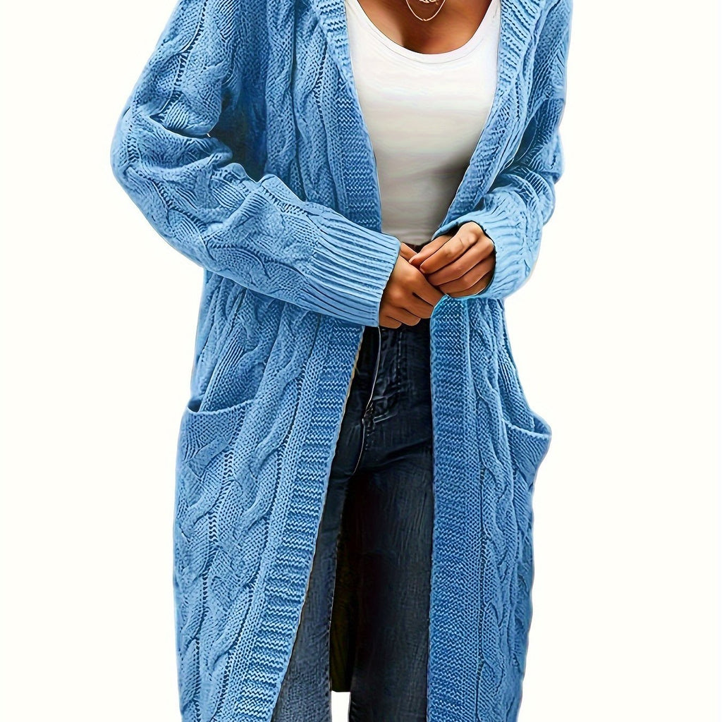 Women's Long Cable Knit Cardigan, Open Front, Long Sleeves