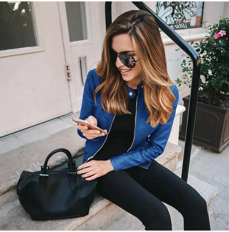 Women's Leather Biker Jacket with Zipper Closure