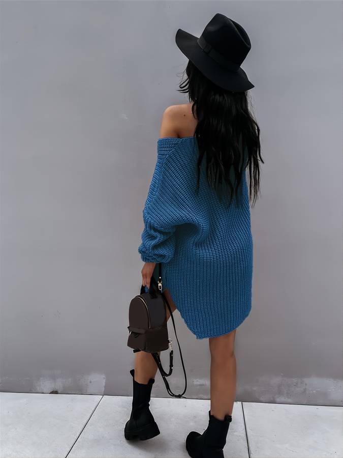 Women's Oversized V-Neck Sweater Dress with Drop Shoulder