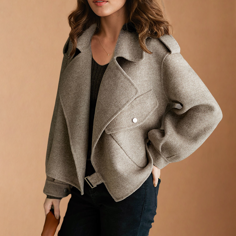 Women's Cropped Wool Jacket with Wide Lapels Zip Front