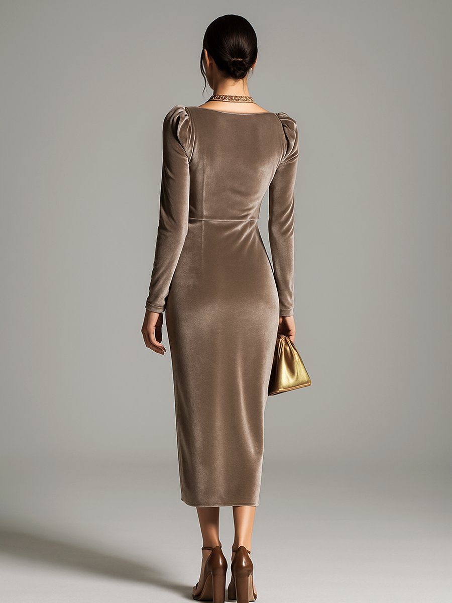 Women's Draped Cowl Neck Midi Dress Long Sleeve Wrap Style