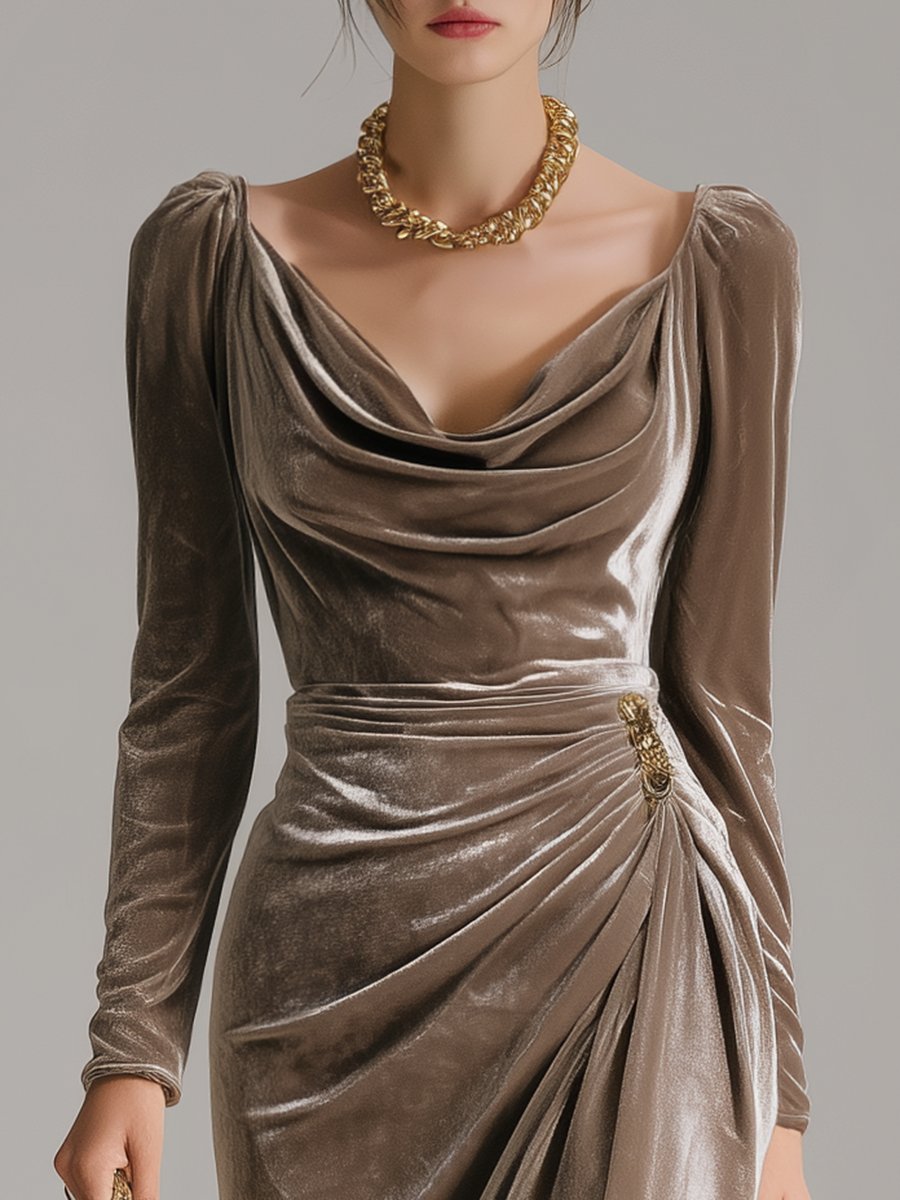 Women's Draped Cowl Neck Midi Dress Long Sleeve Wrap Style