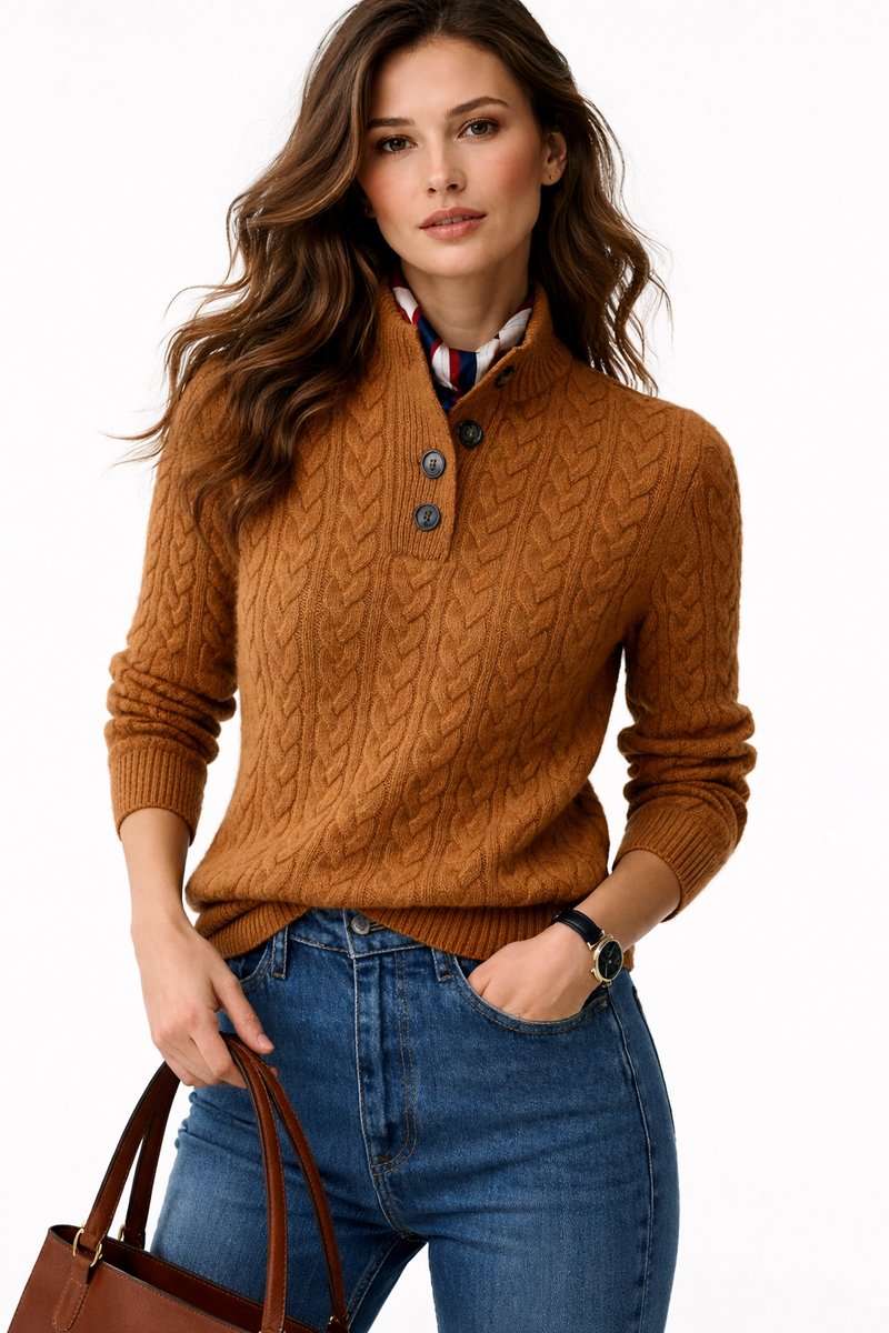 Women's Cable Knit Mock Neck Sweater with Button Placket