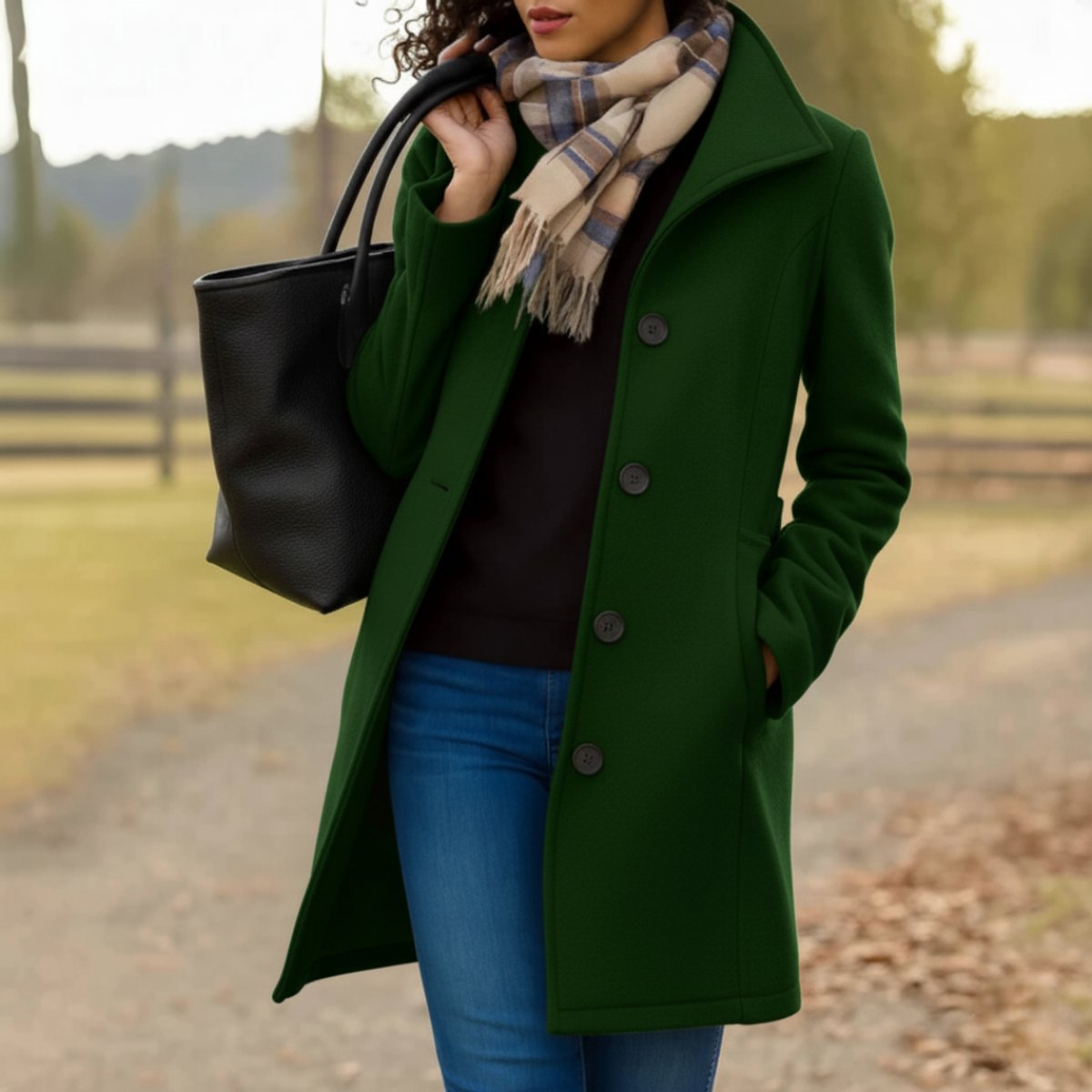 Women's Mid-Length Button Coat with Notched Collar