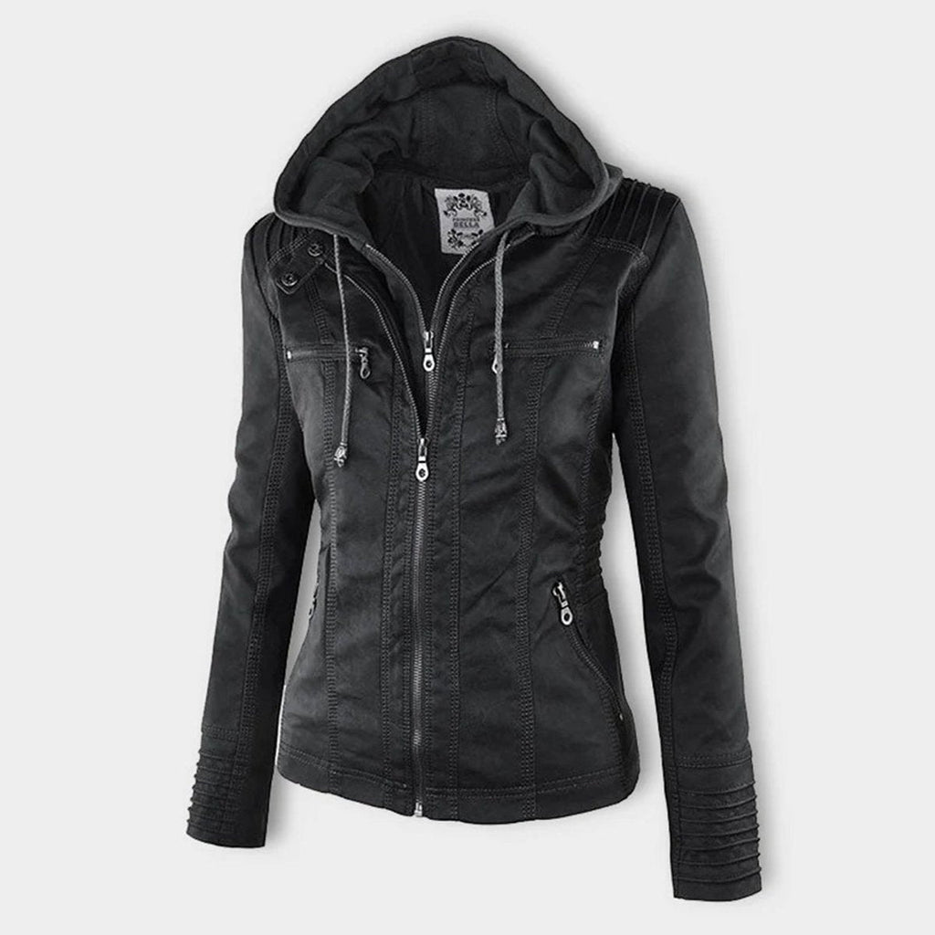 Annika | Damen Kunstleder Kapuzenjacke mit Reißverschluss Taillierter Women Coat