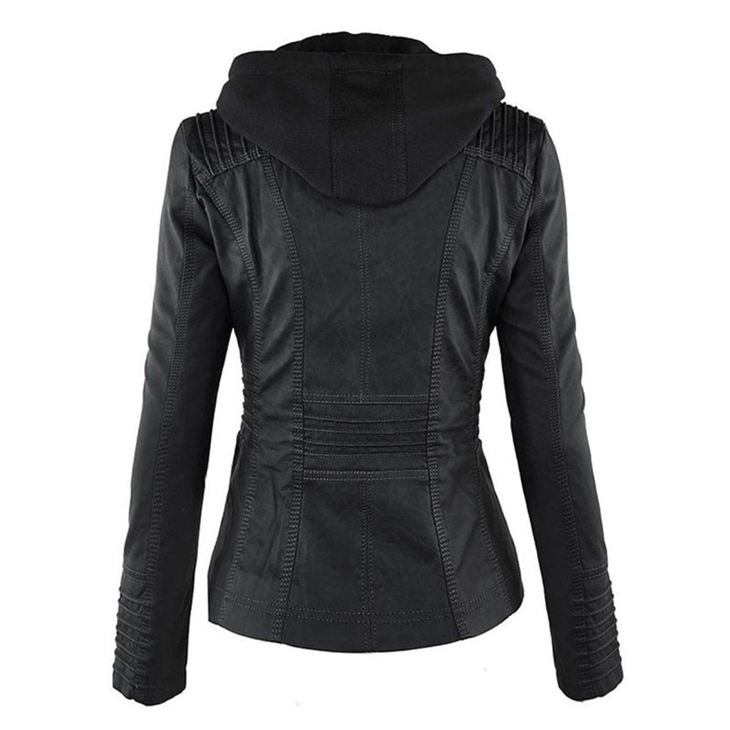 Annika | Damen Kunstleder Kapuzenjacke mit Reißverschluss Taillierter Women Coat