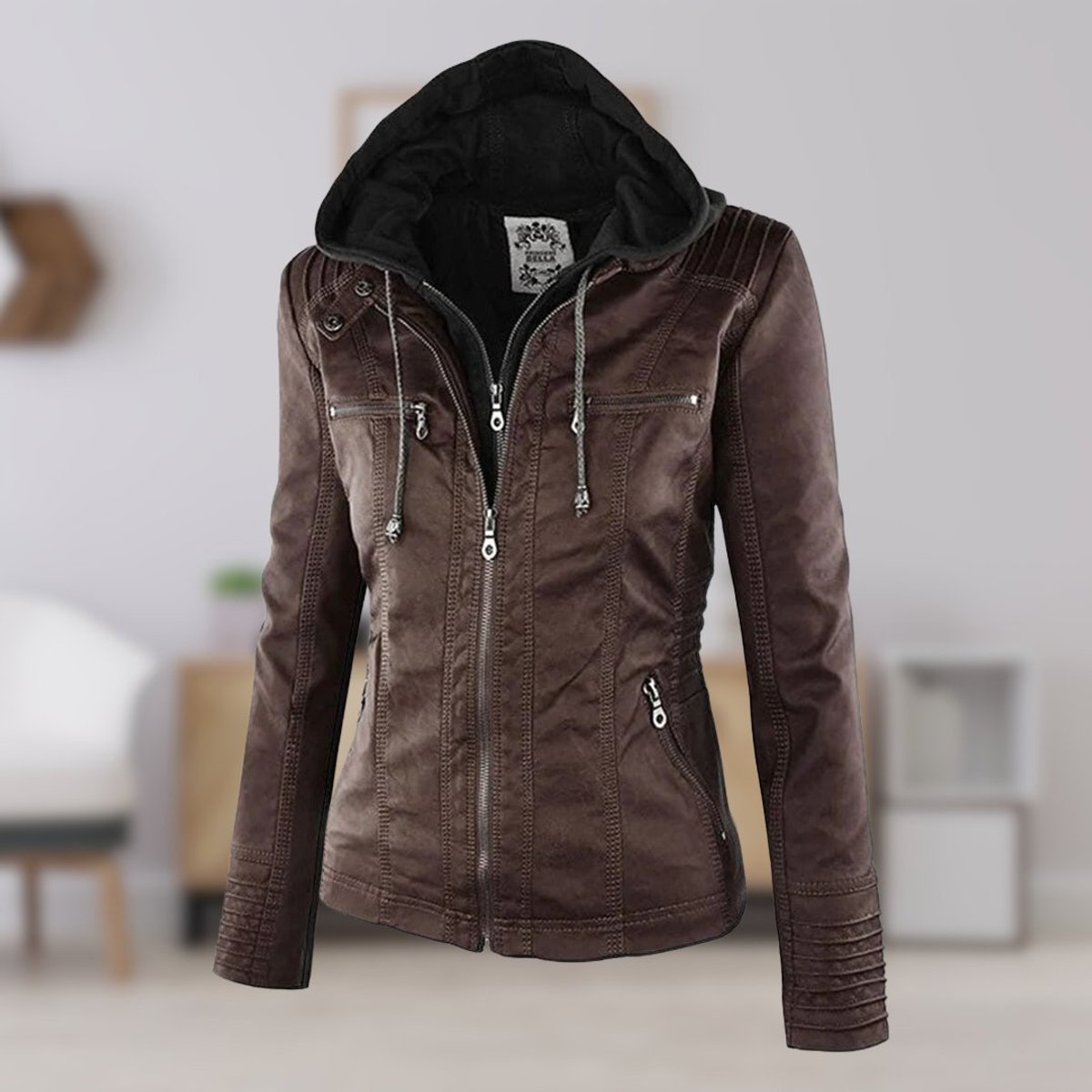 Annika | Damen Kunstleder Kapuzenjacke mit Reißverschluss Taillierter Women Coat