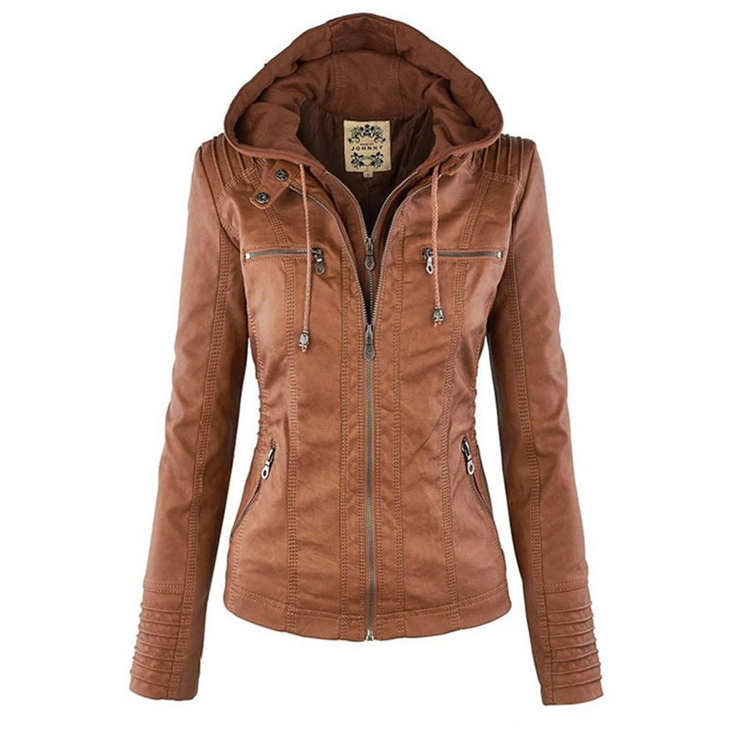 Annika | Damen Kunstleder Kapuzenjacke mit Reißverschluss Taillierter Women Coat