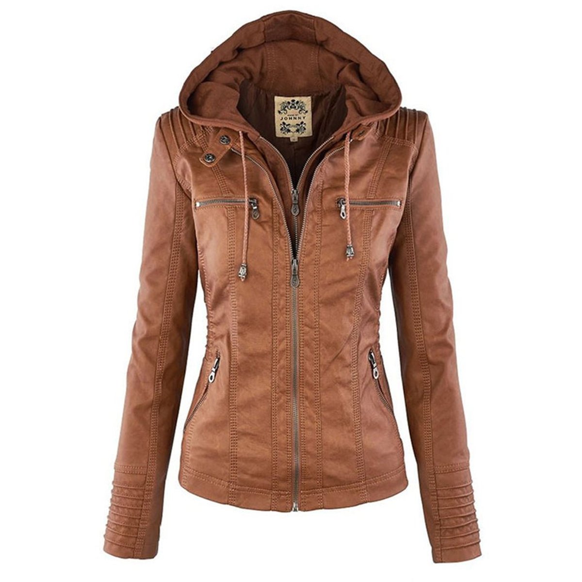 Annika | Damen Kunstleder Kapuzenjacke mit Reißverschluss Taillierter Women Coat