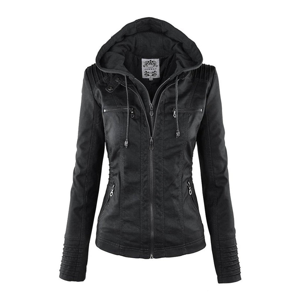 Annika | Damen Kunstleder Kapuzenjacke mit Reißverschluss Taillierter Women Coat