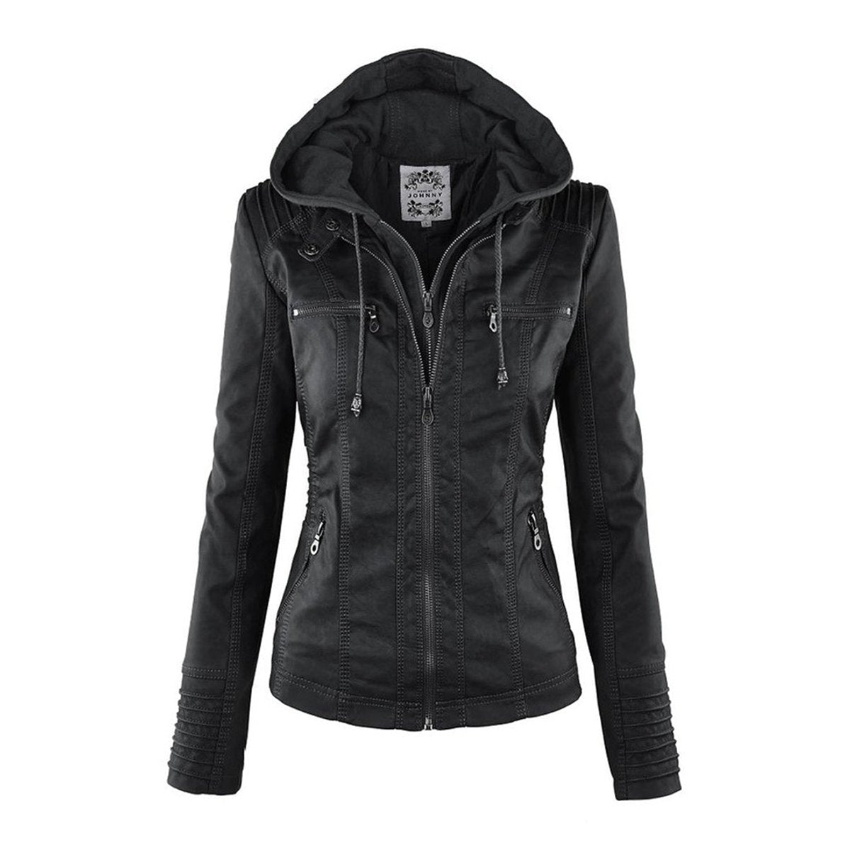 Annika | Damen Kunstleder Kapuzenjacke mit Reißverschluss Taillierter Women Coat