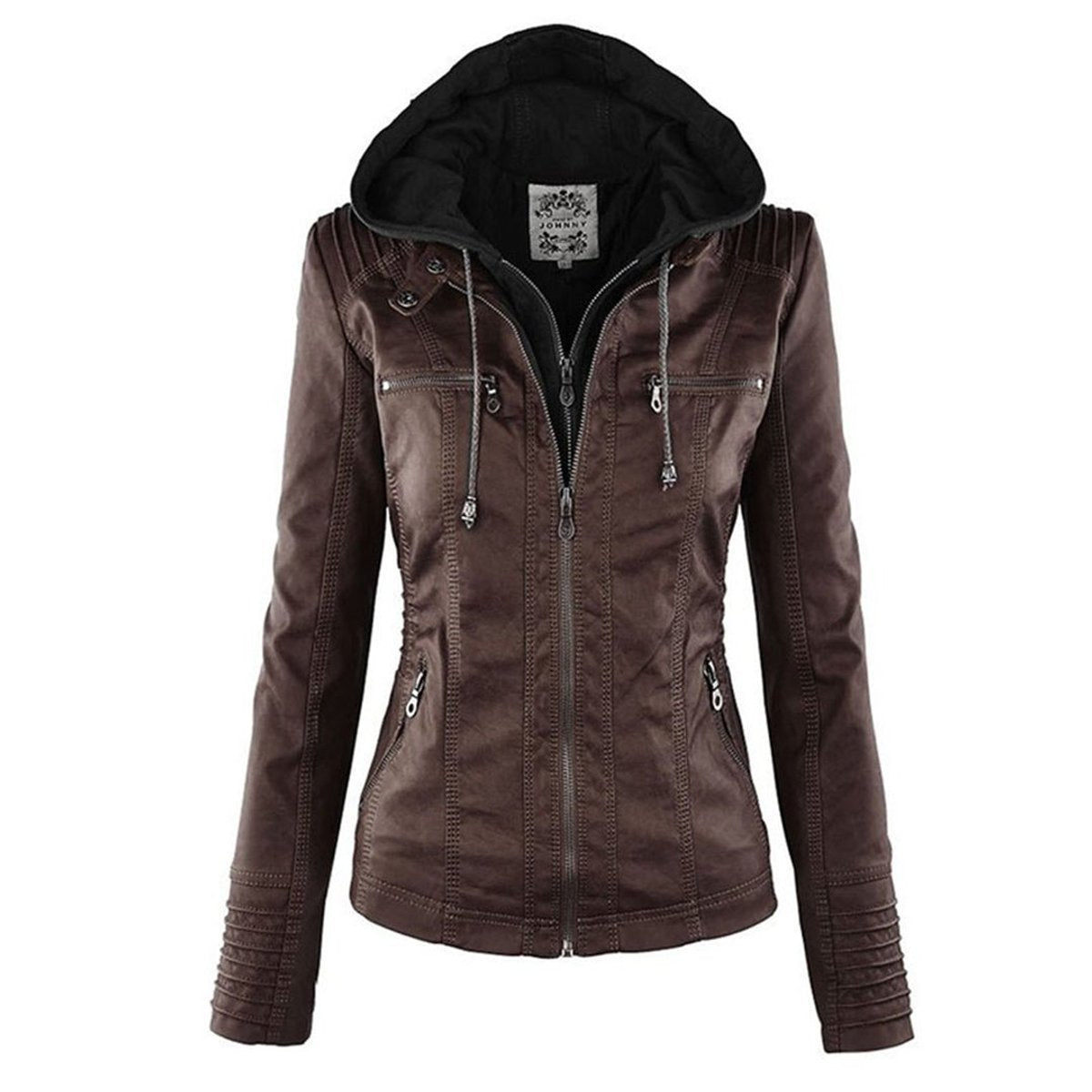 Annika | Damen Kunstleder Kapuzenjacke mit Reißverschluss Taillierter Women Coat