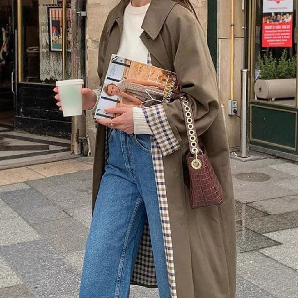 Women's Long Oversized Trench Coat with Check Detail
