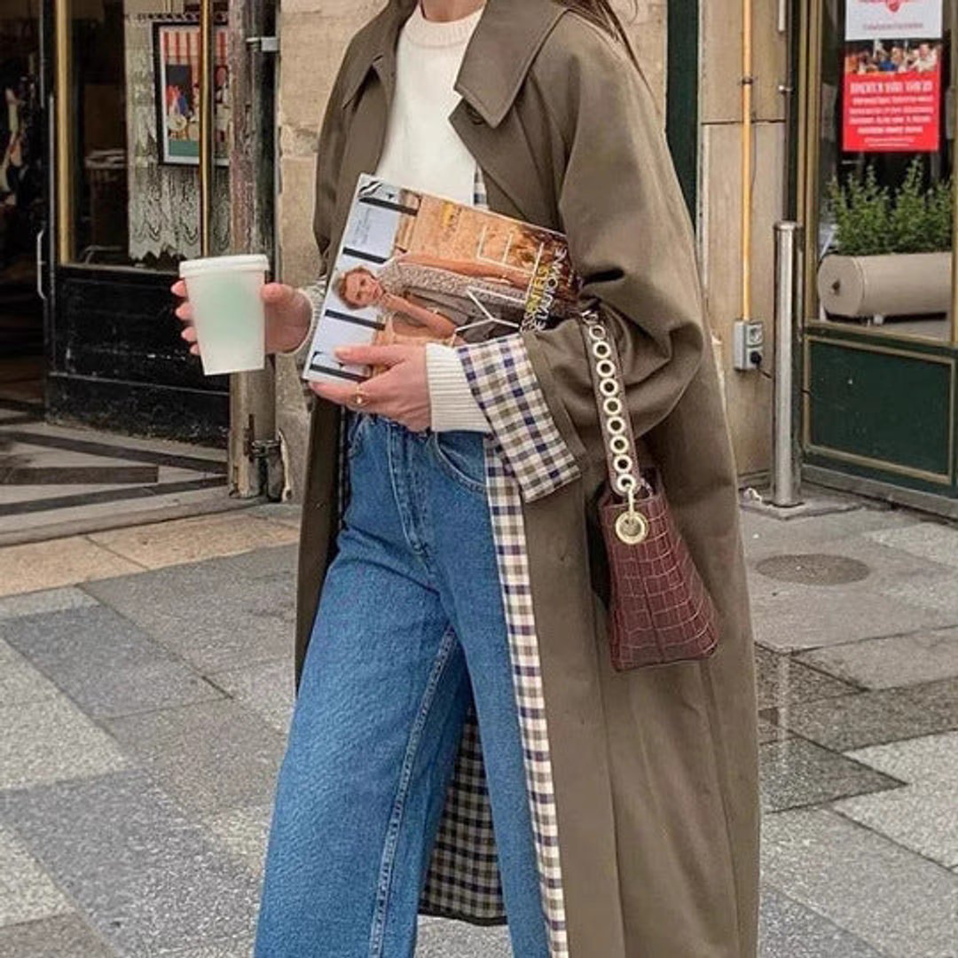 Women's Long Oversized Trench Coat with Check Detail
