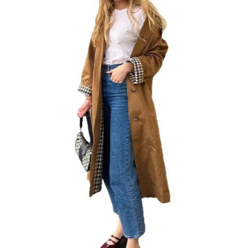 Women's Long Oversized Trench Coat with Check Detail