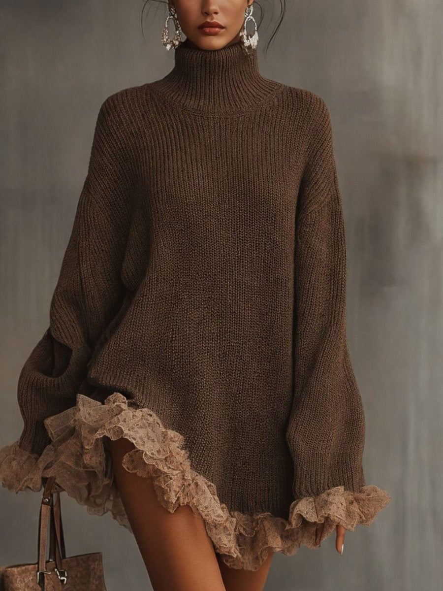 Women's Turtleneck Sweater Dress Lace Hem Detail
