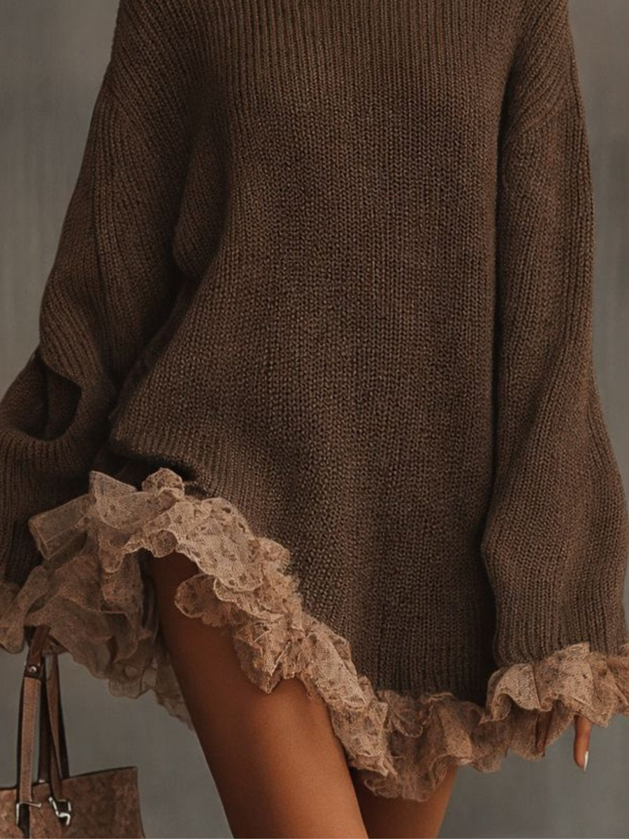 Women's Turtleneck Sweater Dress Lace Hem Detail