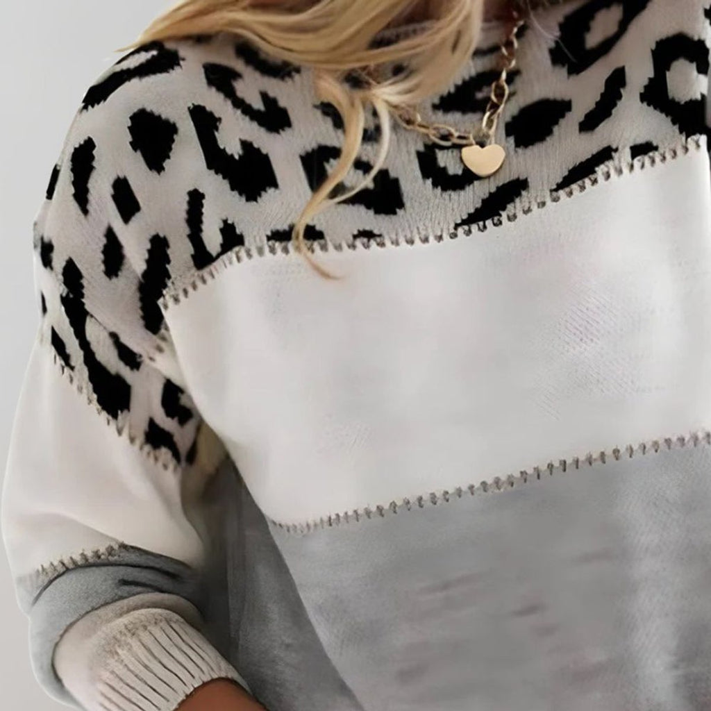 Women's Leopard Colorblock Knit Sweater Crew Neck