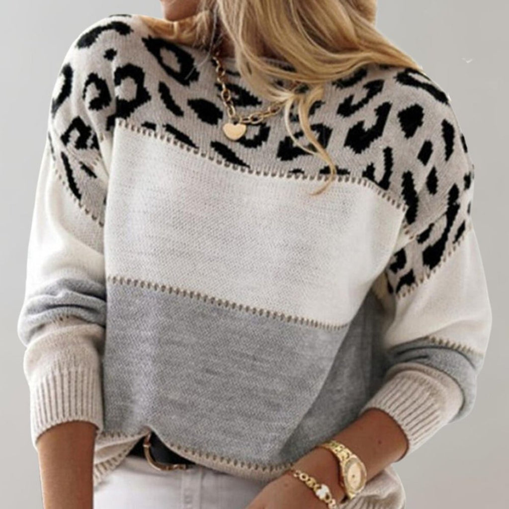Women's Leopard Colorblock Knit Sweater Crew Neck